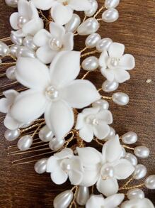 Flower & Faux Pearl Decor Bridal Hair Comb Elegant Boho