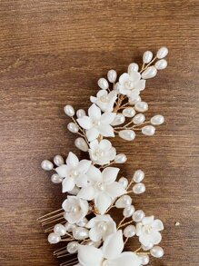 Flower & Faux Pearl Decor Bridal Hair Comb Elegant Boho