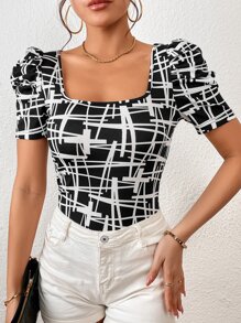 SHEIN Privé Allover Print Puff Sleeve Tee - Black and White - View 1