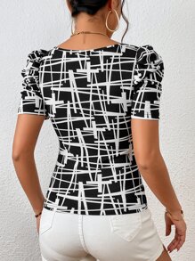 SHEIN Privé Allover Print Puff Sleeve Tee - Black and White - View 2