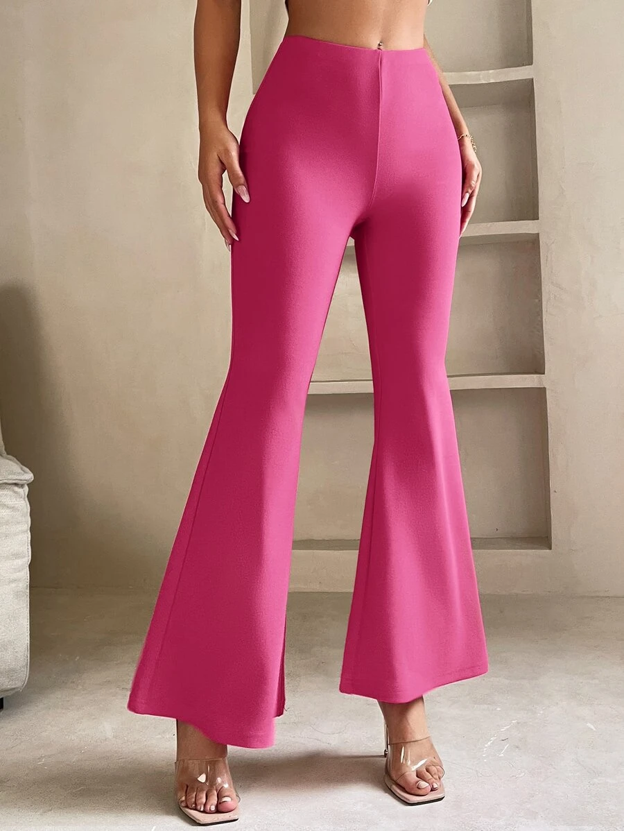 SHEIN PETITE Solid Flare Leg Trousers - Pink - View 1
