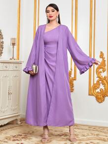 Al Najma 荷葉袖開門襟阿拉伯罩袍和側打結連衣裙 - 紫丁香色 - 查看 4