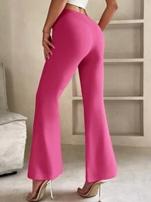 SHEIN PETITE Solid Flare Leg Trousers - Pink - View 2