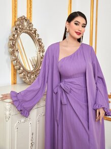 Al Najma 荷葉袖開門襟阿拉伯罩袍和側打結連衣裙 - 紫丁香色 - 查看 5
