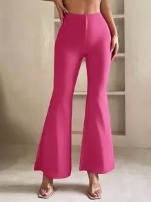 SHEIN PETITE Solid Flare Leg Trousers - Pink - View 3