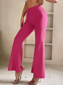 SHEIN PETITE Solid Flare Leg Trousers - Pink - View 4