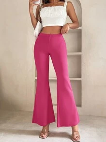 SHEIN PETITE Solid Flare Leg Trousers - Pink - View 5