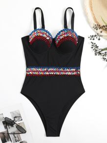 SHEIN Swim Contrast Sequin Tape Push Up One Piece Swimsuit - Black - View 5