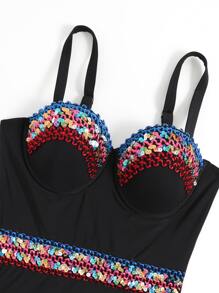 SHEIN Swim Contrast Sequin Tape Push Up One Piece Swimsuit - Black - View 6