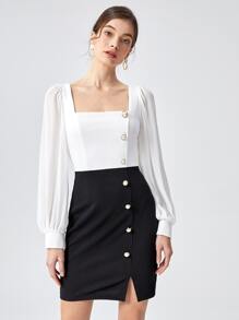 BizChic Đầm Nút Chia Khối Màu Thanh lịch - Đen và trắng - Xem 1