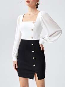 BizChic Đầm Nút Chia Khối Màu Thanh lịch - Đen và trắng - Xem 2