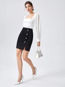BizChic Đầm Nút Chia Khối Màu Thanh lịch - Đen và trắng - Xem 3