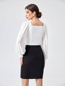 BizChic Đầm Nút Chia Khối Màu Thanh lịch - Đen và trắng - Xem 4