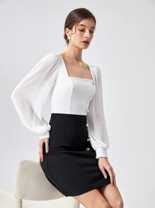 BizChic Đầm Nút Chia Khối Màu Thanh lịch - Đen và trắng - Xem 5