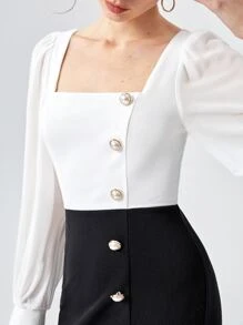 BizChic Đầm Nút Chia Khối Màu Thanh lịch - Đen và trắng - Xem 6