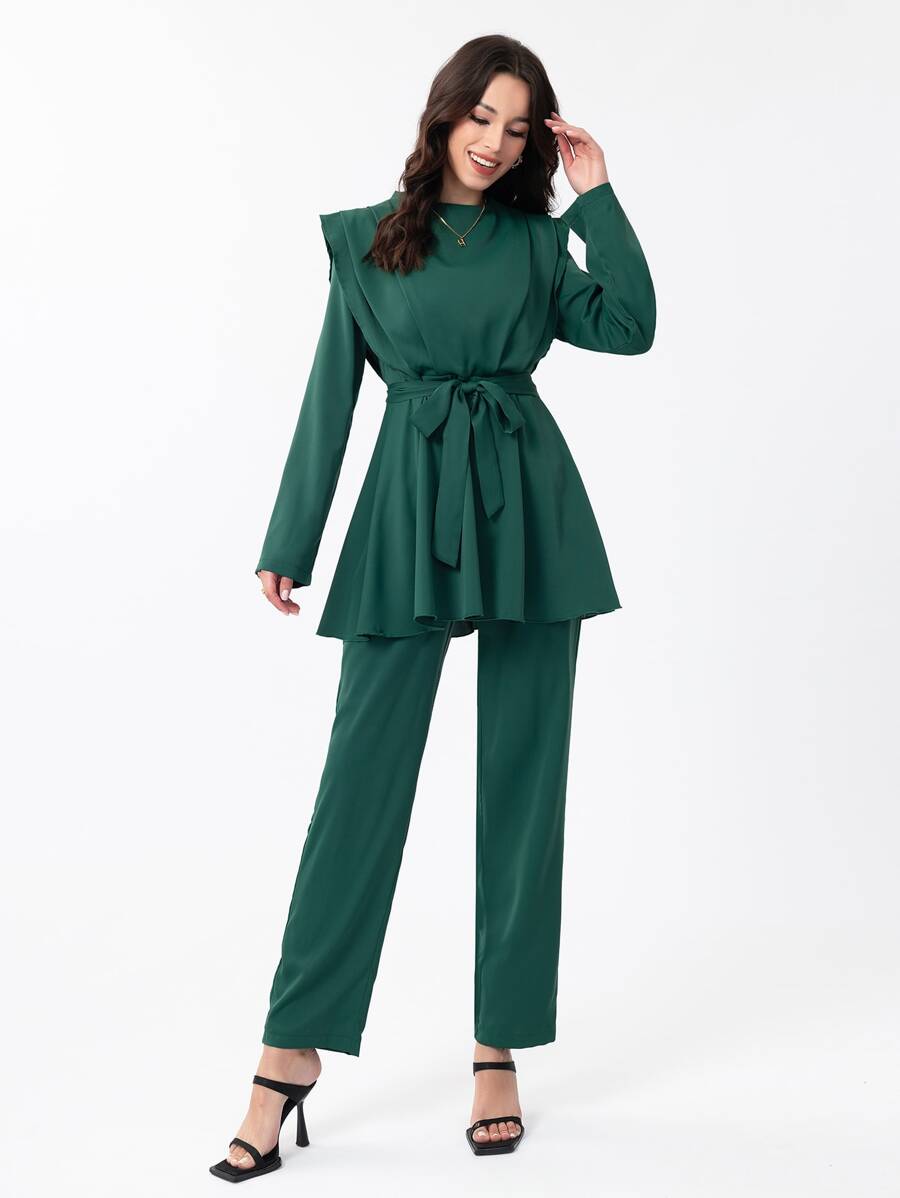 Mulvari Mock Neck Belted Top & Trousers Set - Dark Green - View 1