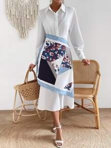 SHEIN VCAY 圍巾圖案襯衫洋裝 - 白色 - 查看 1