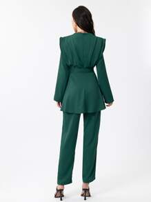 Mulvari Mock Neck Belted Top & Trousers Set - Dark Green - View 2