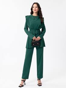 Mulvari Mock Neck Belted Top & Trousers Set - Dark Green - View 3