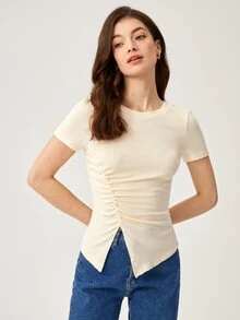 BizChic Button Ruched Front Split Hem Tee - Beige - View 2
