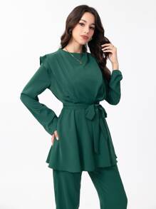 Mulvari Mock Neck Belted Top & Trousers Set - Dark Green - View 4