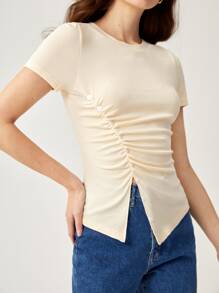 BizChic Button Ruched Front Split Hem Tee - Beige - View 1