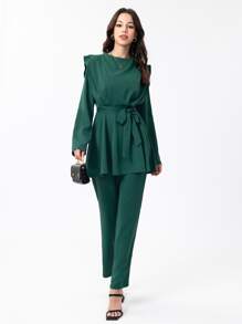Mulvari Mock Neck Belted Top & Trousers Set - Dark Green - View 5