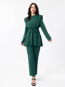 Mulvari Mock Neck Belted Top & Trousers Set - Dark Green - View 6