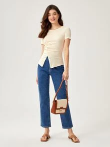 BizChic Button Ruched Front Split Hem Tee - Beige - View 5