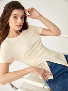 BizChic Button Ruched Front Split Hem Tee - Beige - View 6