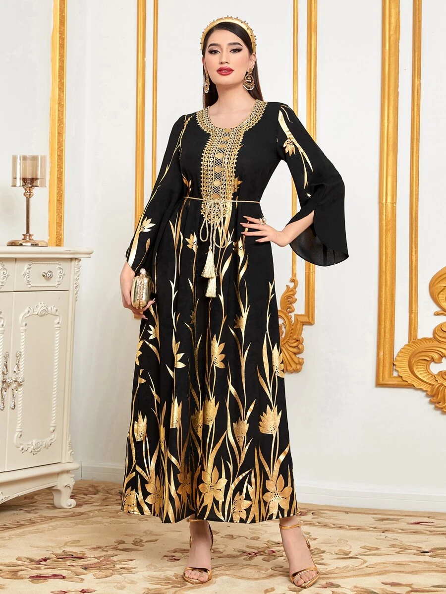 Al Najma Gold Floral Print Tassel Belted Dress - Black - View 1