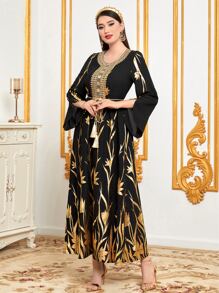 Al Najma Gold Floral Print Tassel Belted Dress - Black - View 3