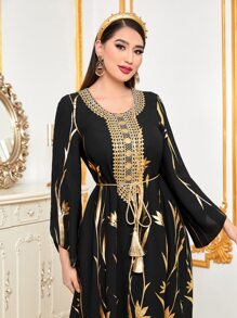 Al Najma Gold Floral Print Tassel Belted Dress - Black - View 5