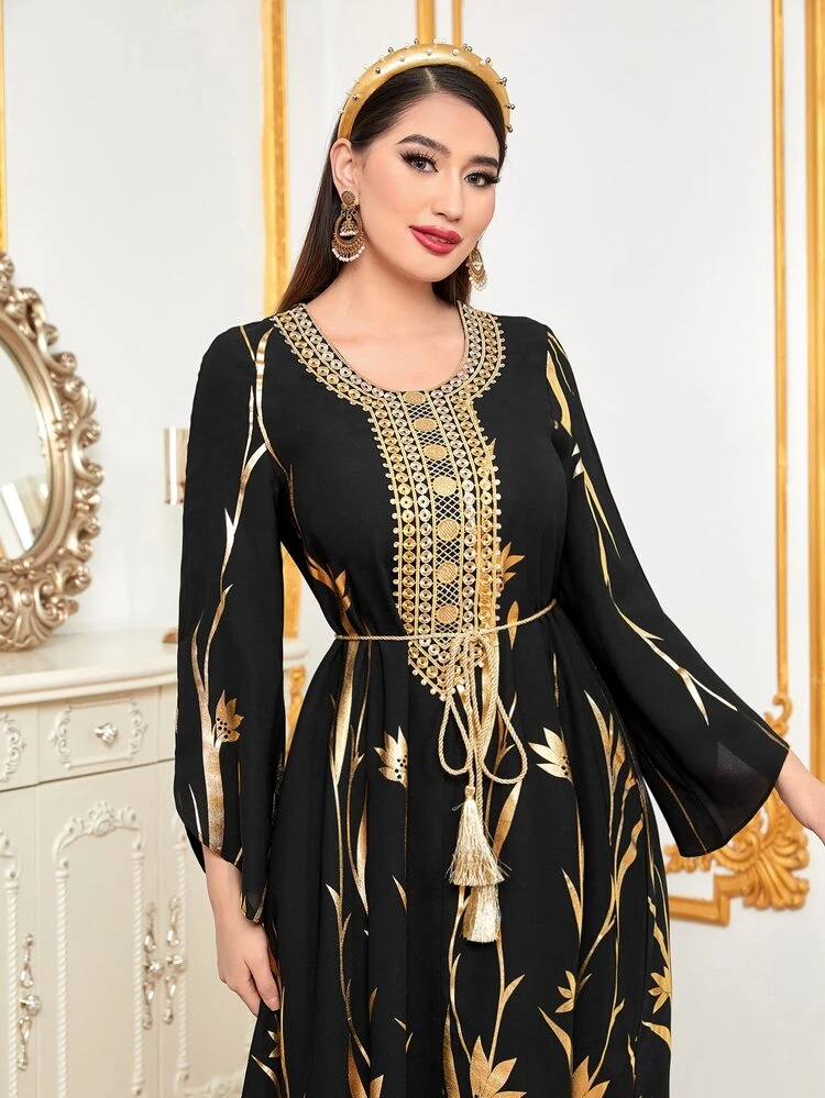 Gold Floral Print Tassel Belted Dress