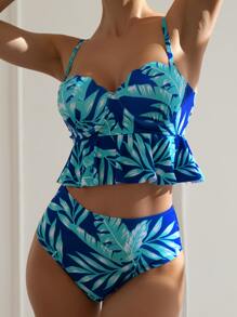 Tropical Print Ruffle Hem Push Up Bikini Set Summer Beach - Blue - View 1