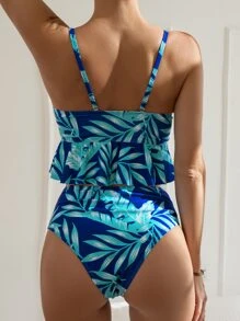 Tropical Print Ruffle Hem Push Up Bikini Set Summer Beach - Blue - View 2