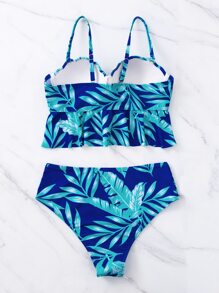 Tropical Print Ruffle Hem Push Up Bikini Set Summer Beach - Blue - View 4