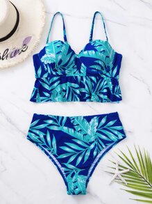 Tropical Print Ruffle Hem Push Up Bikini Set Summer Beach - Blue - View 6