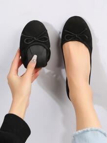 女士黑色蝴蝶结装饰平底鞋，圆头仿麂皮芭蕾平底鞋情人节款 - 黑色 - 查看 1