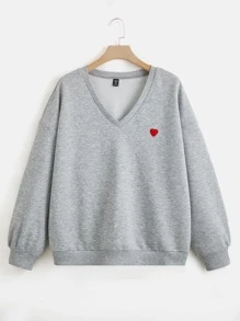 SHEIN EZwear Plus Heart Embroidery Drop Shoulder Sweatshirt - Light Grey - View 1