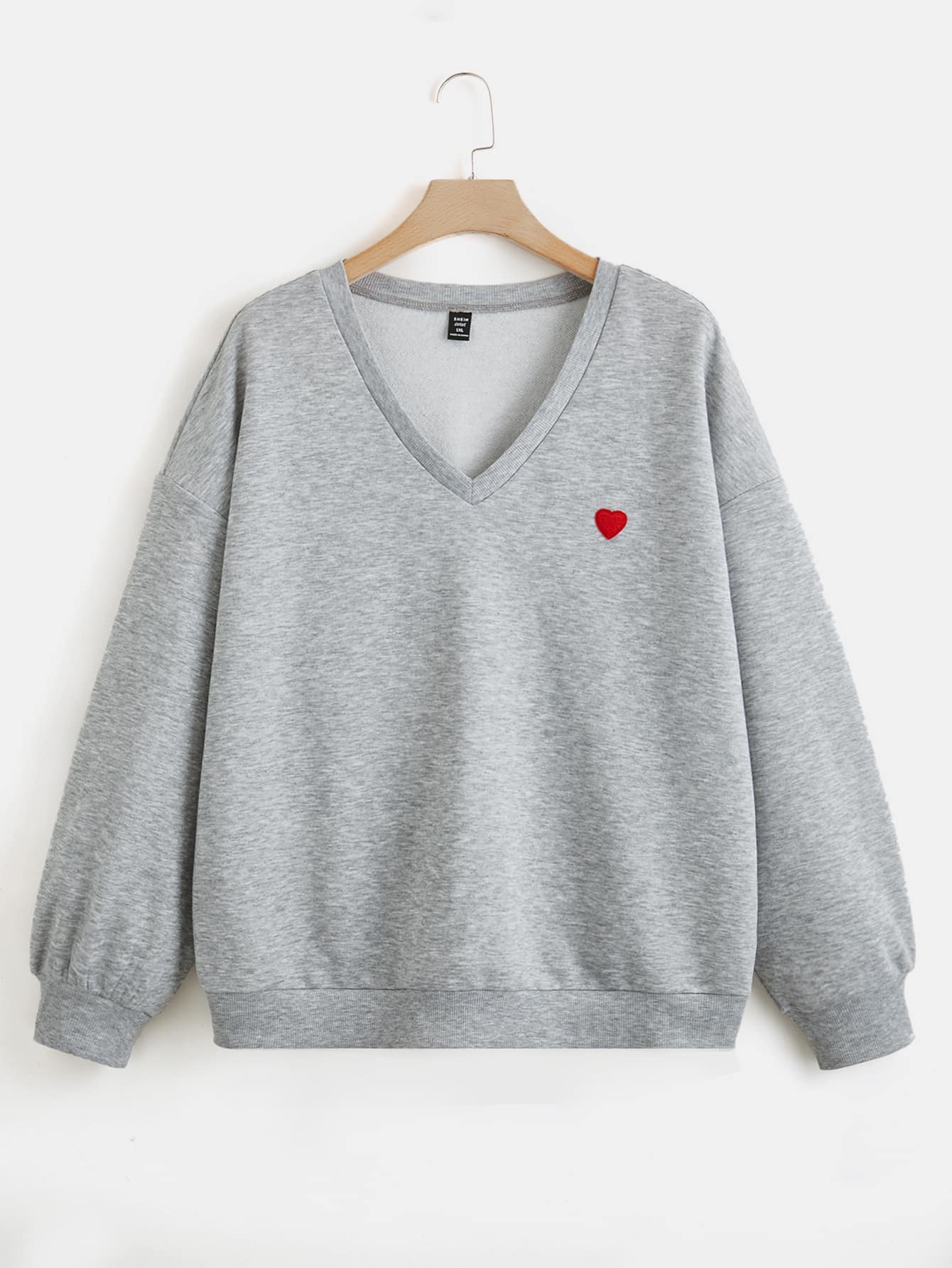 SHEIN EZwear Plus Heart Embroidery Drop Shoulder Sweatshirt - Light Grey - View 1