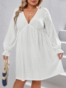 SHEIN VCAY Plus Eyelet Embroidery Flounce Sleeve Dress - White - View 5