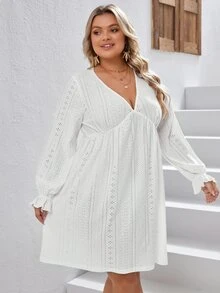 SHEIN VCAY Plus Eyelet Embroidery Flounce Sleeve Dress - White - View 4