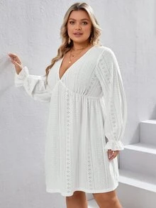 SHEIN VCAY Plus Eyelet Embroidery Flounce Sleeve Dress - White - View 6