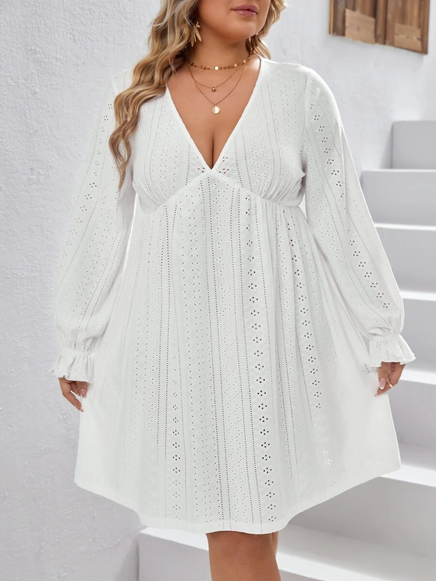 SHEIN VCAY Plus Eyelet Embroidery Flounce Sleeve Dress - White - View 1