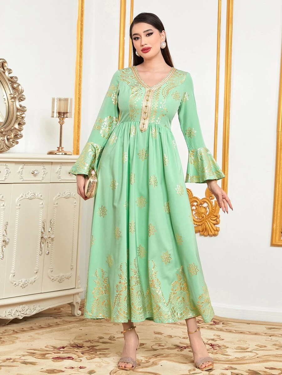 Al Najma Gold Floral Print Flounce Sleeve Dress - Multicolor - View 1