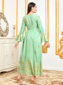 Al Najma Gold Floral Print Flounce Sleeve Dress - Multicolor - View 2