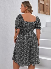 SHEIN VCAY Plus Ditsy Floral Print Knot Front Puff Sleeve Dress - Black and White - View 2