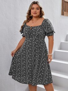 SHEIN VCAY Plus Ditsy Floral Print Knot Front Puff Sleeve Dress - Black and White - View 4