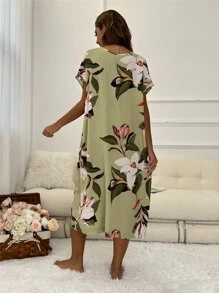 Floral Print Batwing Sleeve Night Dress - Lime Green - View 2